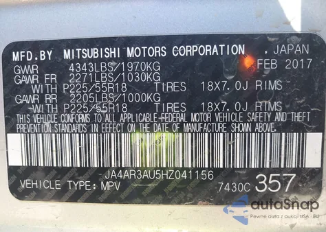 2017 Mitsubishi Outlander Sport 2.0 Es/2.0 Le from USA, damaged, VIN JA4AR3AU5HZ041156